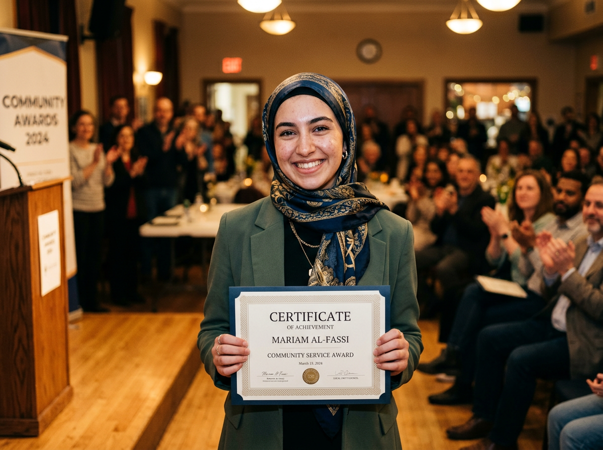 A young woman proudly receiving a certificate at a community ceremony