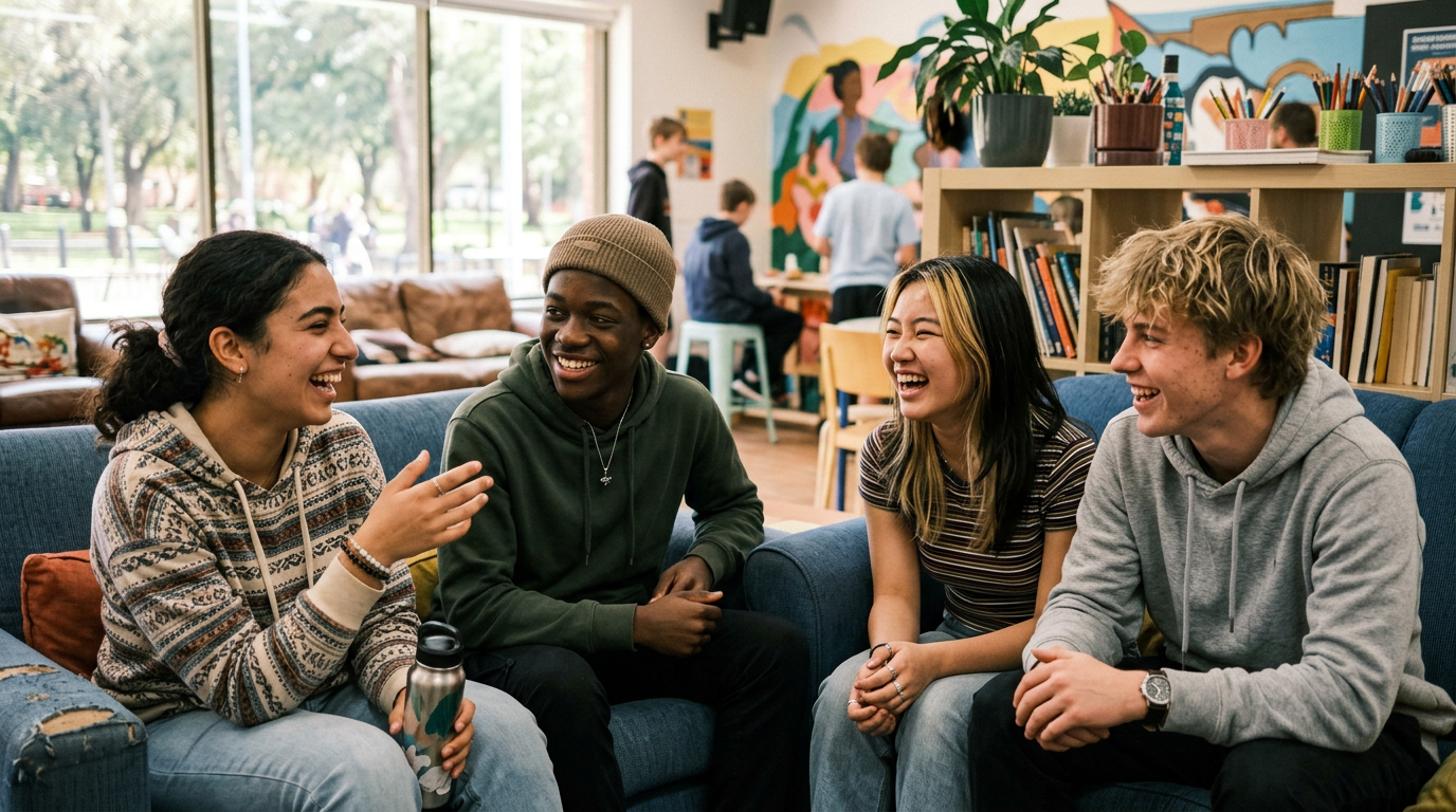 Young people gathered together inside the centre