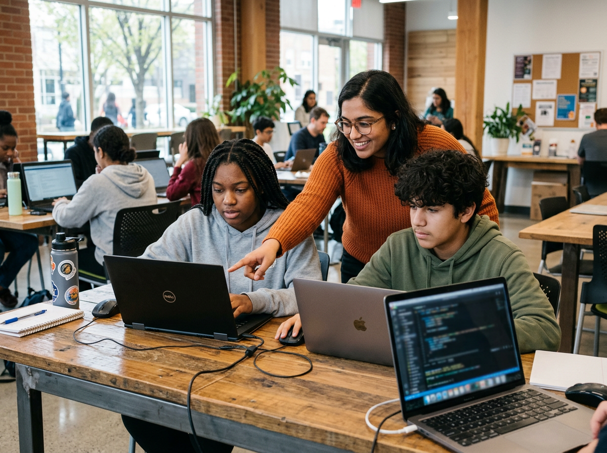 Teenagers learning digital skills on laptops with a mentor