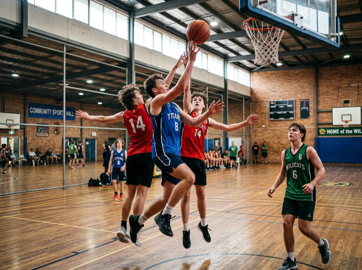 Teenagers playing basketball in a community sports hall